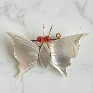 Mother Of Pearl Butterfly Brooch With Glass Bead Eyes & Gold-Tone Accents